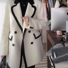 名媛撞色毛呢西装外套女2024秋冬新款欧货气质双排扣呢子大衣